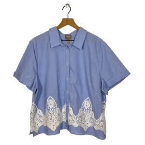 Chico's Boxy Top Womens Size 4 (XL/2XL) Blue White Striped Lace Applique Preppy